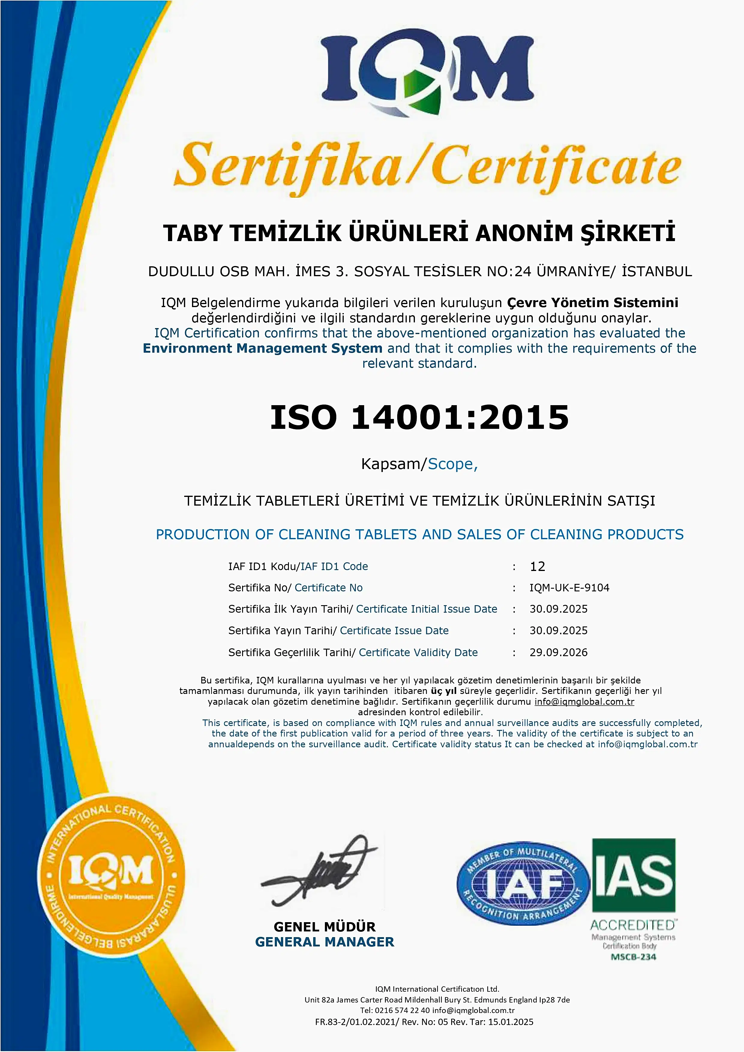 ISO 14001 IAS Sertifikası - Kapak
