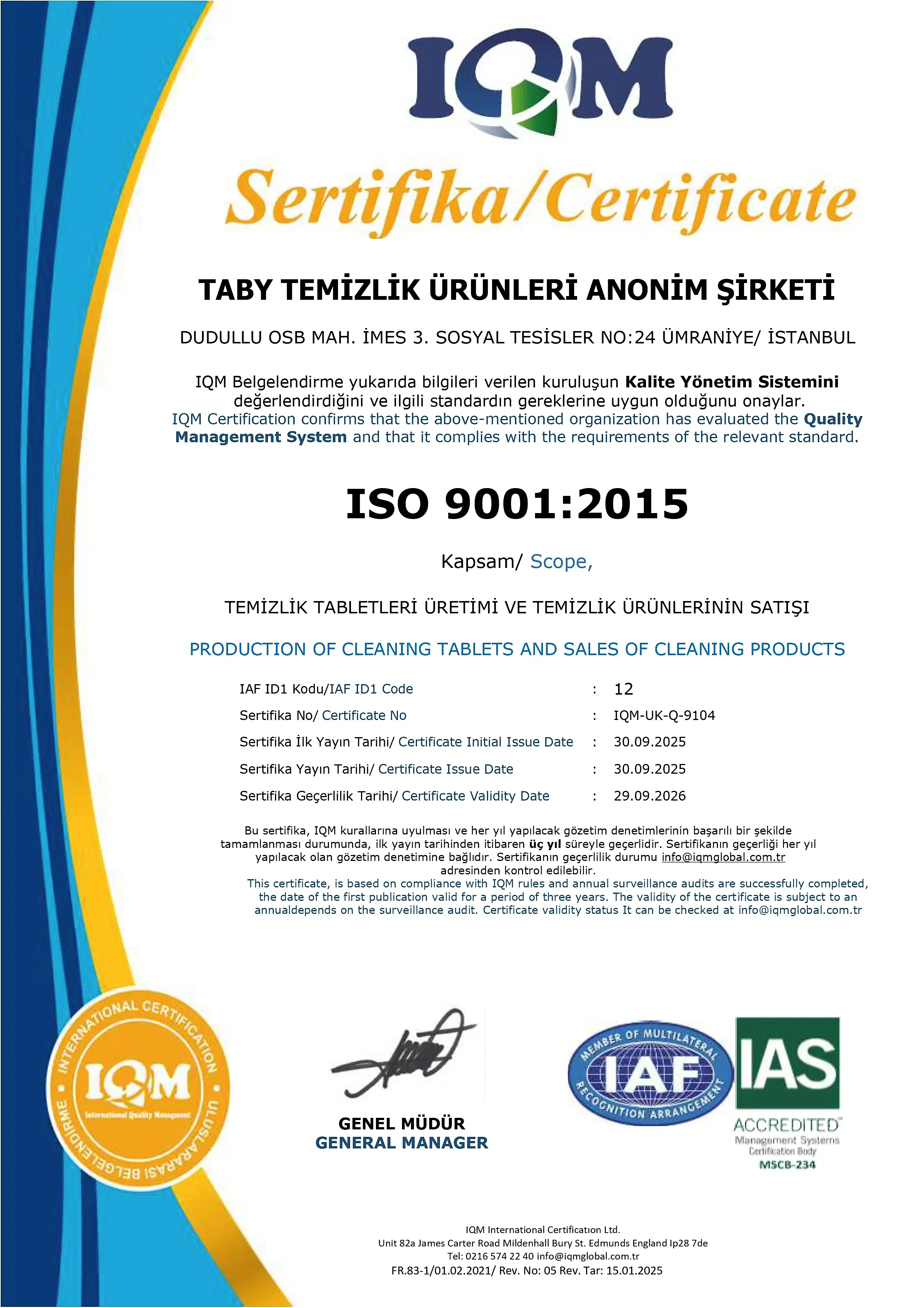 ISO 9001 IAS Sertifikası - Kapak